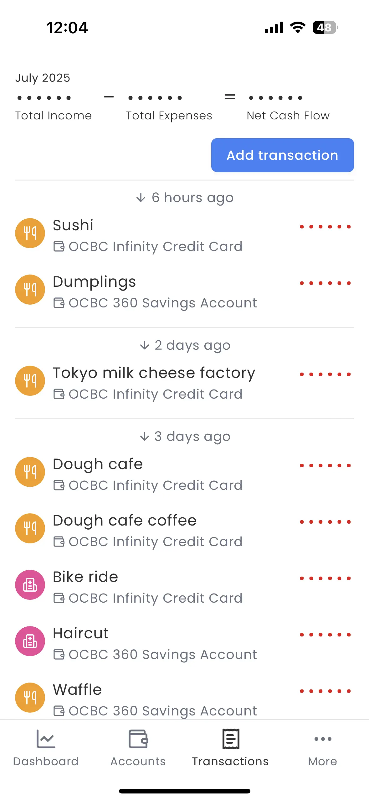 Screenshot of the Transactions Page